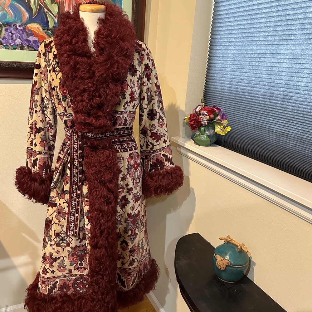 Curly Mongolian Lamb Fur & Tapestry Princess Coat by Anne Klein c.1970 - sz S- M